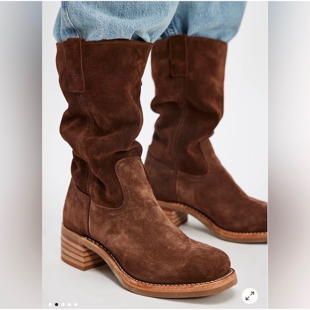 Frye Campus 12R Slouch Suede Boots Brownie Mid Calf Block Heel Women's 8 Boho - Picture 2 of 8